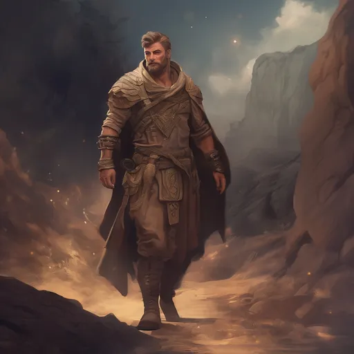 Prompt: (Full body) male handsome large muscular young desert wizard with short hair and beard, outside of a cave by a forest at night, pathfinder, d&d setting, in a realistic high quality digital art style