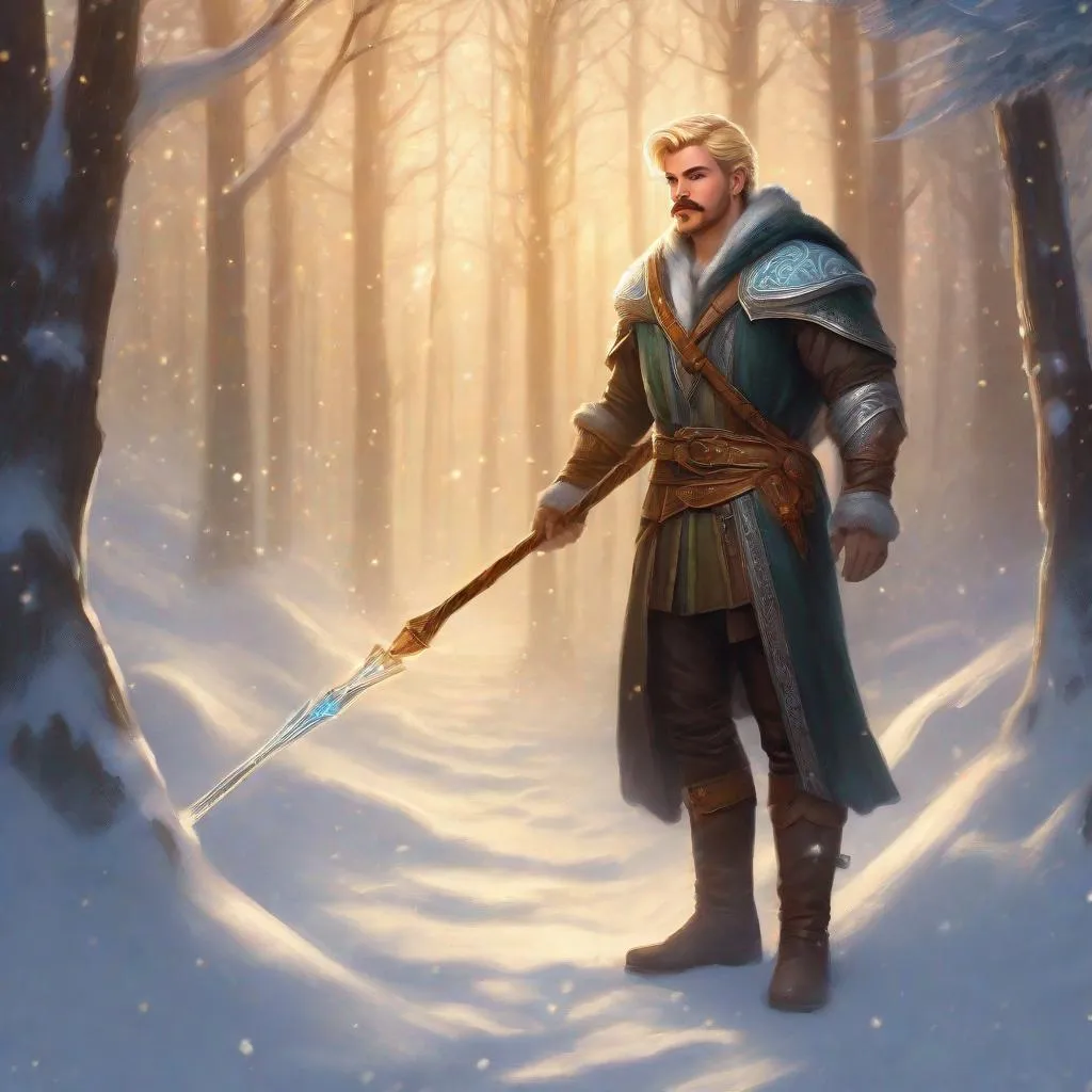 Prompt: (Full body) a male druid with mustache and stubble short-cut blonde hair, handsome manly face, belt, boots, leather pants, holding magical staff, swirly lights, standing outside of a snowy forest, fantasy setting, dungeons & dragons, in a painted style realistic art