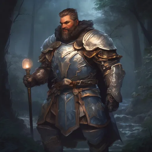 Prompt: (Full body) male stocky large royal knight with short hair and beard, big belly, in nature at night, pathfinder, d&d setting, in a realistic digital art style