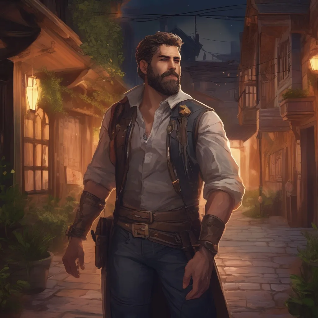 Prompt: (Full body) male handsome muscular Noble arcanist with short hair and beard, in a small town at night, pathfinder, d&d setting, in a realistic high quality digital art style