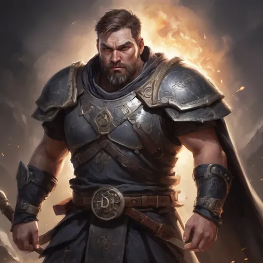 Prompt: male stocky large fat rune-priest with short hair and beard, big belly broad shoulders, in a battle field at night, pathfinder, d&d setting, in a realistic high quality digital art style