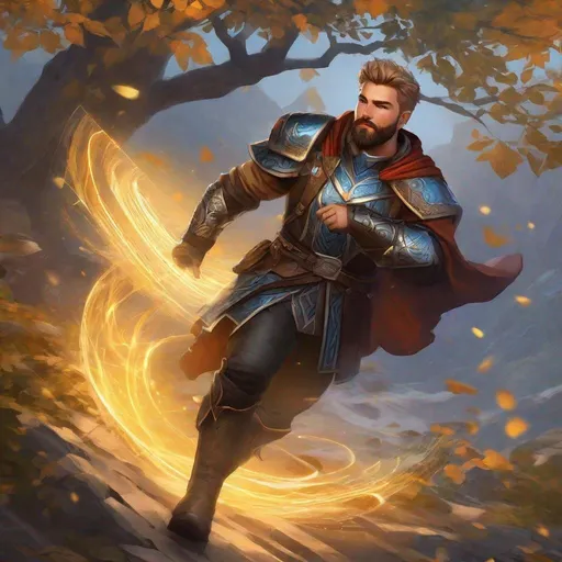 Prompt: A male oracle with dark-blonde short hair and beard, boots, pathfinder, in a detailed realistic digital art style