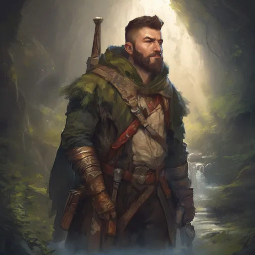 Prompt: (Full body) male stocky handsome arcane-ranger with short-cut hair and beard, in a forest cave at night pathfinder, d&d setting, in a realistic high quality digital art style