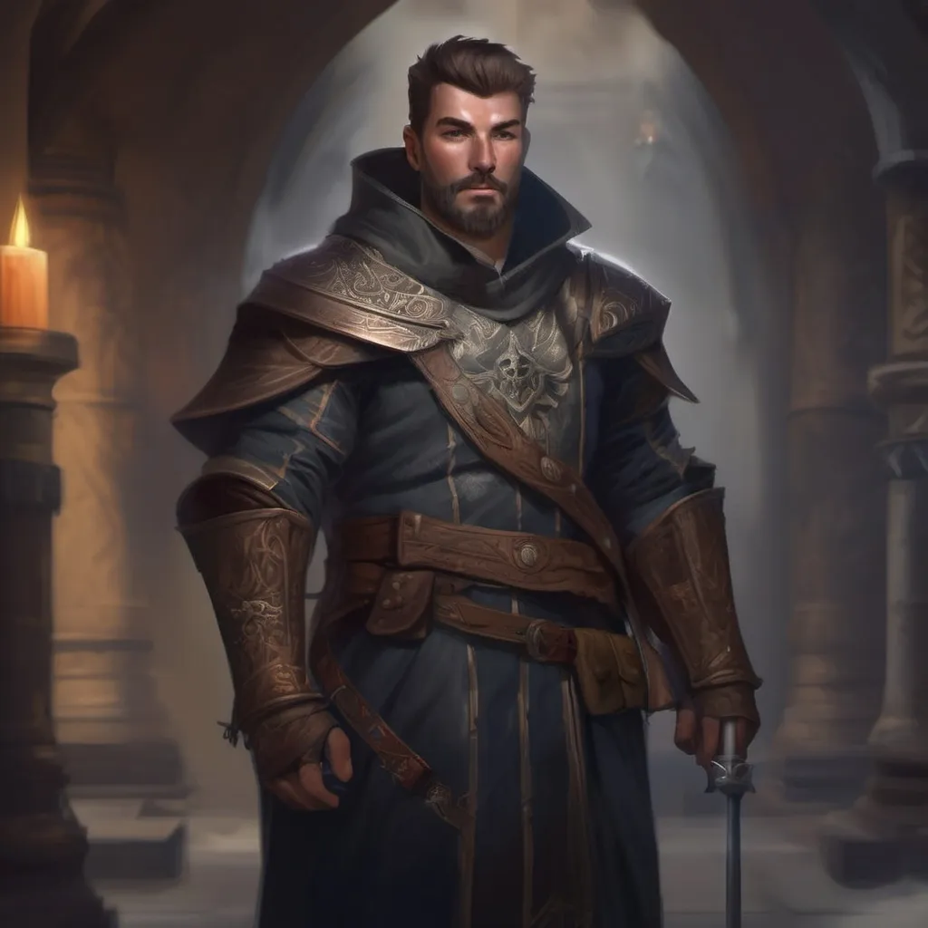 Prompt: (Full body) male stocky alchemist with short-cut hair and beard, in a dark magic temple dungeon, wearing big shoulderguards, pathfinder, d&d setting, in a realistic digital art style