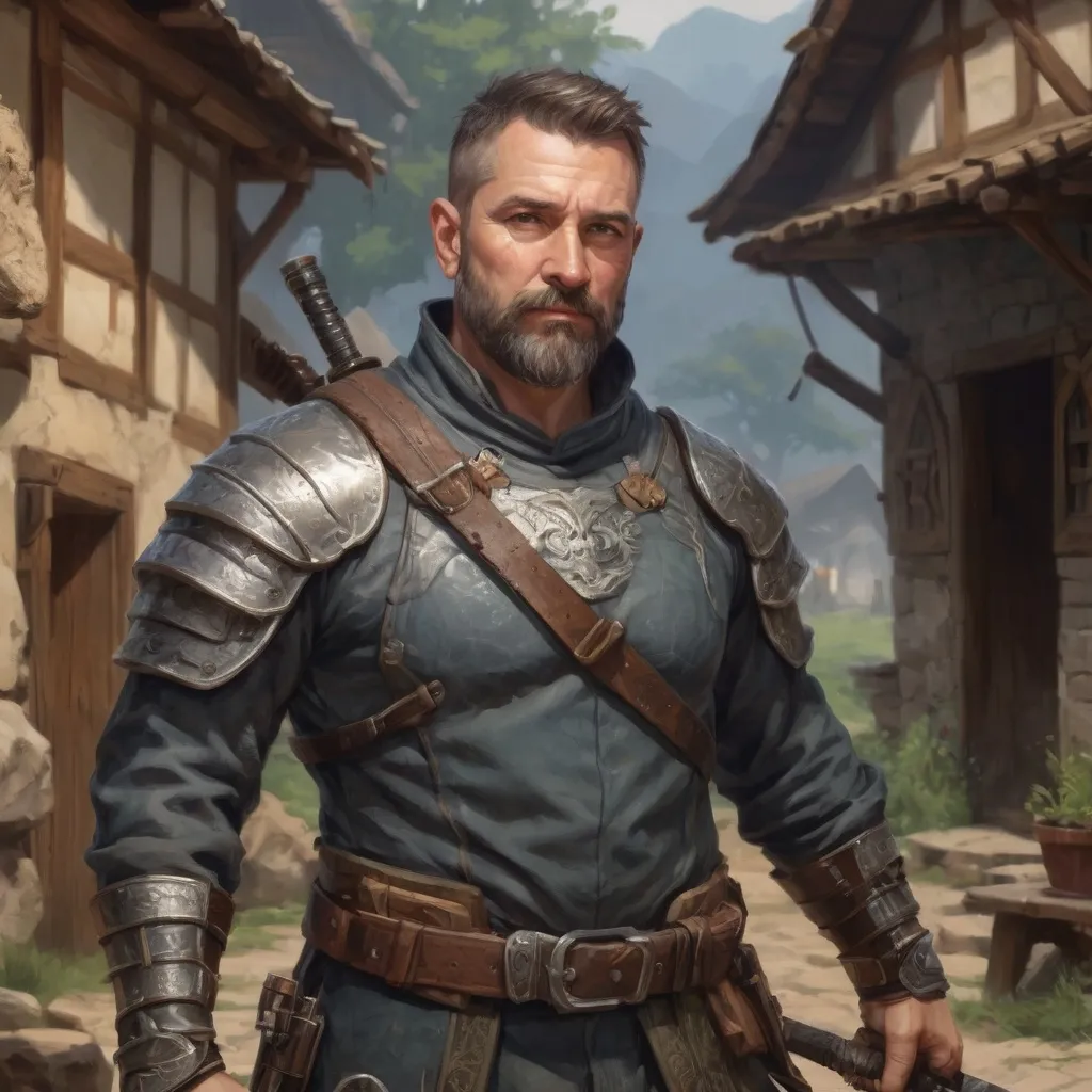 Prompt: Male stocky large big 45-year old adventurer with short-cut hair and beard, chest hair, holding a sword in a small fantasy village, pathfinder, d&d setting, enhanced shadow quality