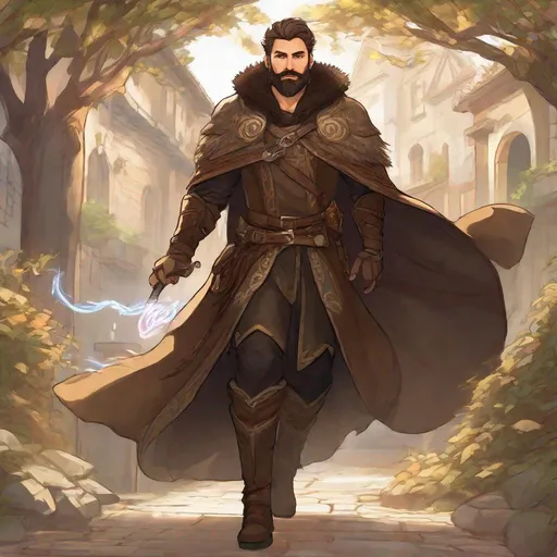 Prompt: (Full-body) a handsome large manly hairy male druid with short hair and short beard, magic light swirl in one hand, wearing dark armor with vines and wooden details, visible chest hair, brown cloak, boots, street in a town, in a shaded painted style