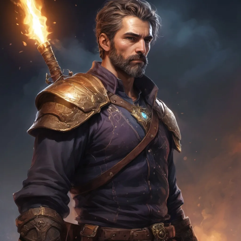 Prompt: (torso) Male stocky mature light-sorcerer with short-cut hair and beard, on a battlefield at night, in combat, holding a magic weapon, bright aura, pathfinder, d&d setting, in a realistic high quality digital art style, enhanced shadow quality