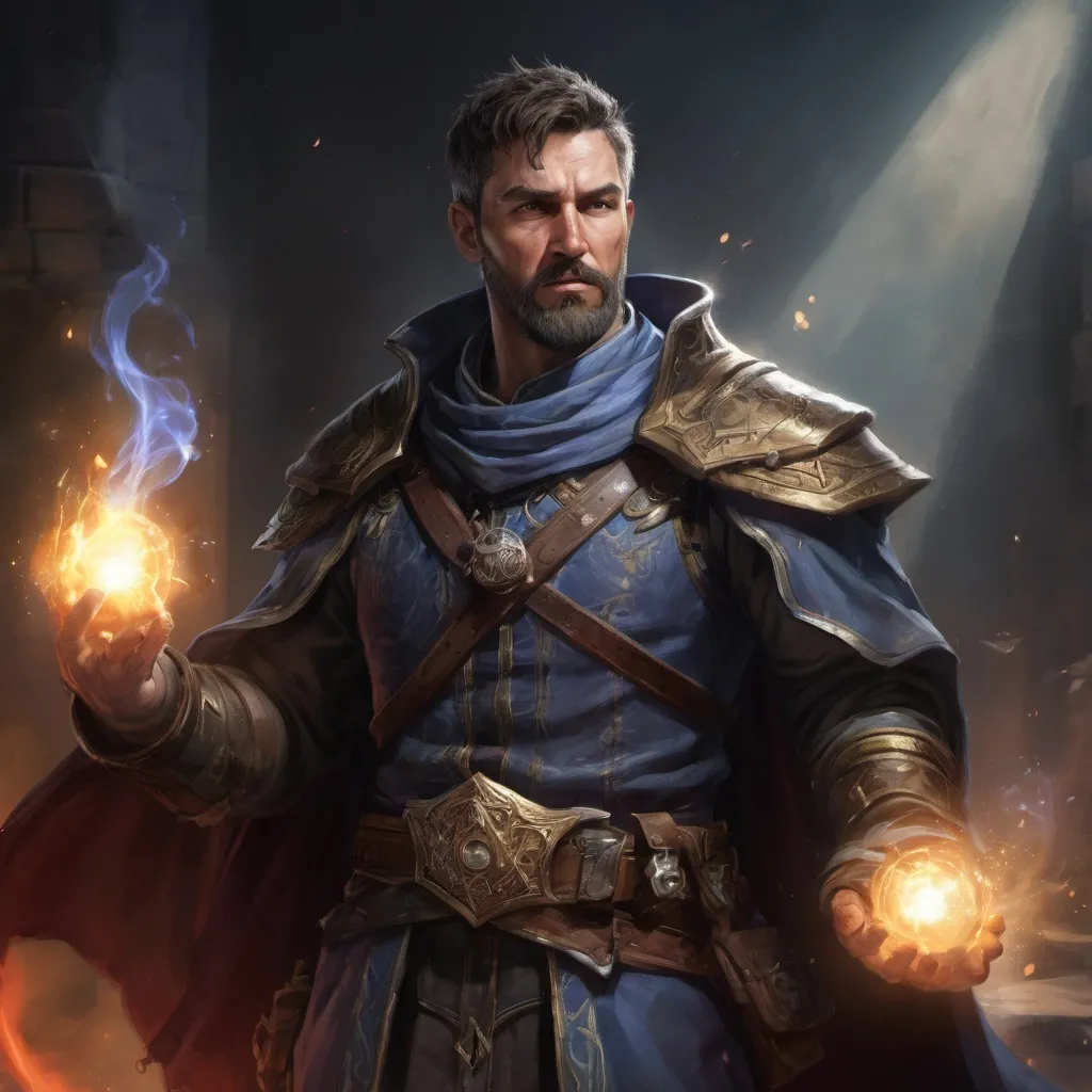 Prompt: Male stocky large mature fit battle-mage with short-cut hair and beard, engaged in combat casting a light-spell in a dark room, pathfinder, d&d setting, realistic, enhanced shadow quality, colourful