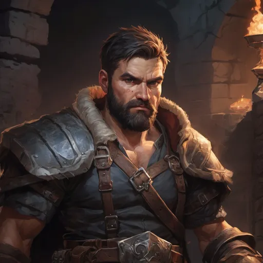 Prompt: Male stocky large mature fighter with short-cut hair and beard, engaged in combat inside of a dark dungeon, pathfinder, d&d setting, in a realistic high quality digital art style, enhanced shadow quality, colorful