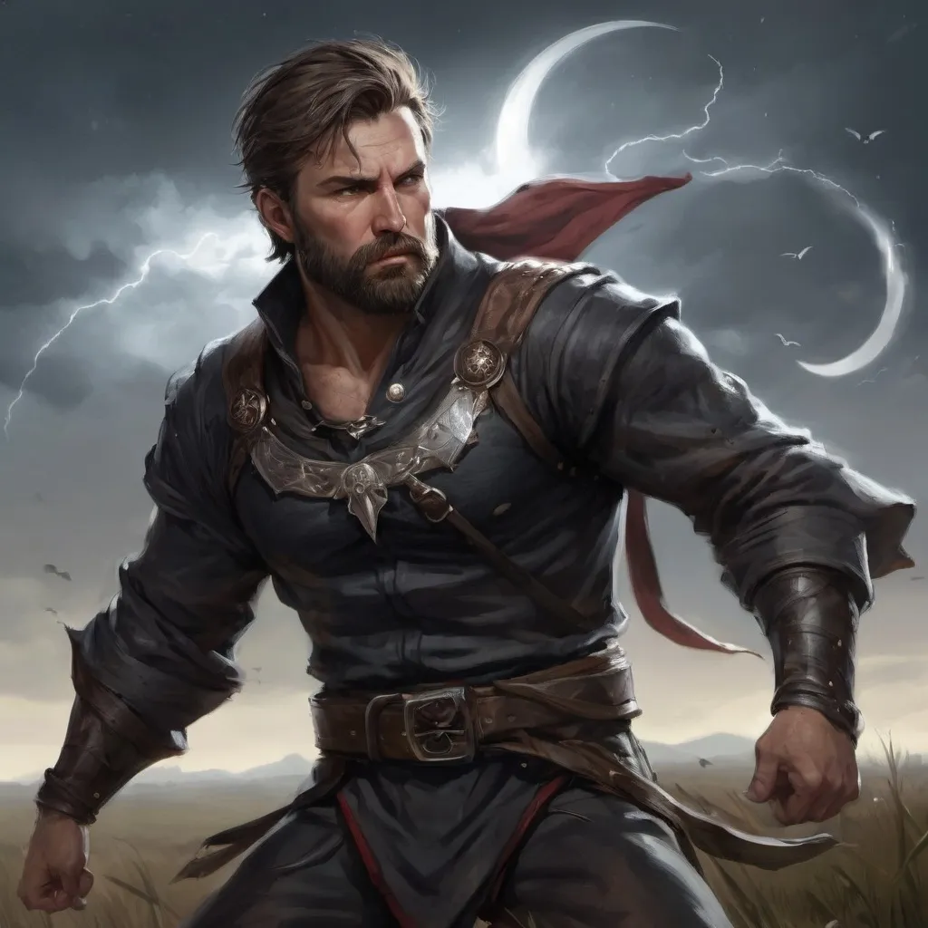 Prompt: (Torso) Male stocky large fit fantasy-sorcerer with short-cut hair and beard, hairy chest, engaged in combat casting a spell standing in a windy field at night, pathfinder, d&d setting, realistic, enhanced shadow quality