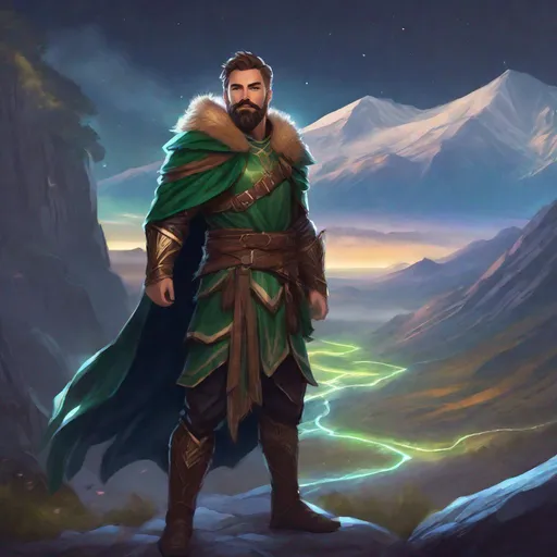 Prompt: (Full body picture) An elemental druid with short-cut hair and short beard, nature armor, magic around, cloak, manly, fantasy setting, dungeons and dragons, next to a mountain at night, in realistic digital art style