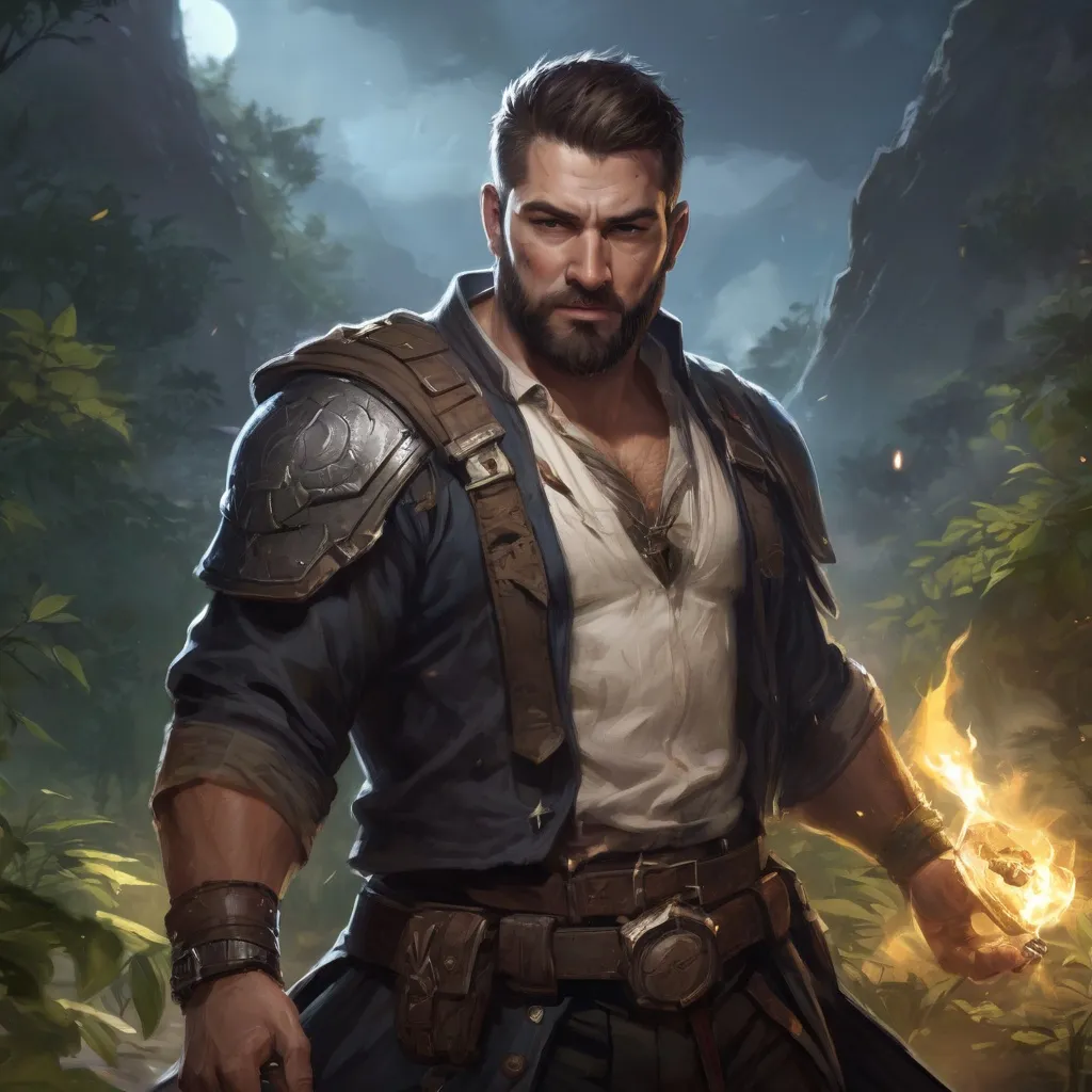 Prompt: Male stocky large fat templar with short-cut hair and beard, open shirt hairy chest, in combat casting a magic-ray out of hands in nature at night, pathfinder, d&d setting, in a realistic high quality digital art style, enhanced shadow quality, colorful