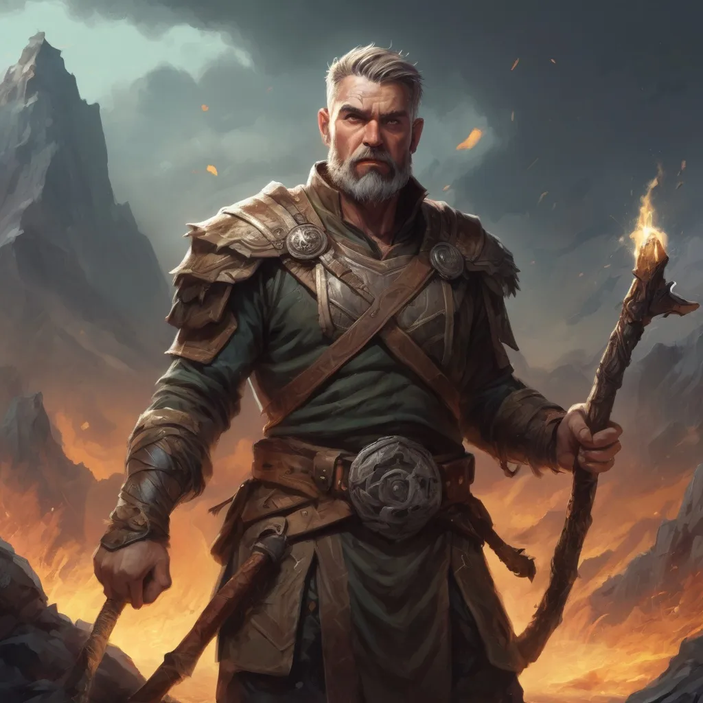 Prompt: Male stocky mature muscular druid with short-cut hair and beard, on a battlefield, in combat, holding a magic staff into the ground causing an earthquake, pathfinder, d&d setting, in a realistic high quality digital art style, enhanced shadow quality, colorful