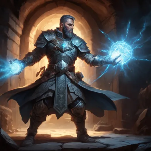 Prompt: Male stocky large mature muscular cleric with short-cut hair and beard, engaged in combat casting a prismatic-light spell inside of a dark dungeon, pathfinder, d&d setting, in a realistic high quality digital art style, enhanced shadow quality