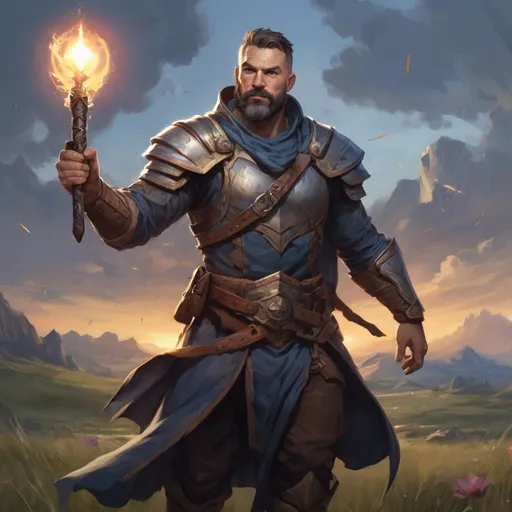 Prompt: Male heavy-set fit fat large 38-year old hunky arbiter with short-cut hair and beard, holding magic fantasy-weapon, on a windy field at dusk, pathfinder, d&d setting, enhanced shadow quality