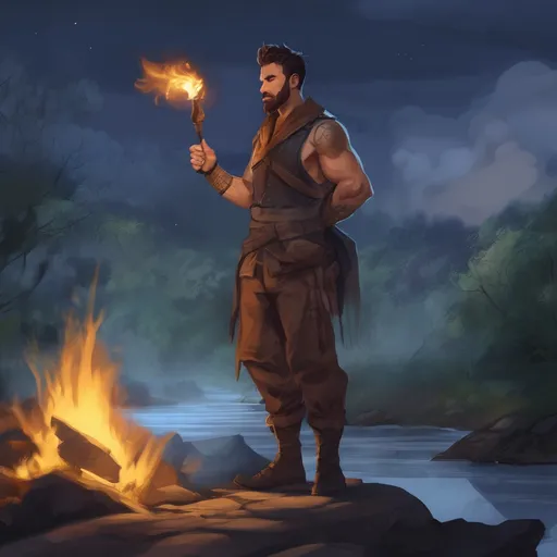 Prompt: (Full body) male stocky big-chested thief with short hair and beard, no shirt on, casting a spell, in nature at night, pathfinder, d&d setting, in a realistic digital art style