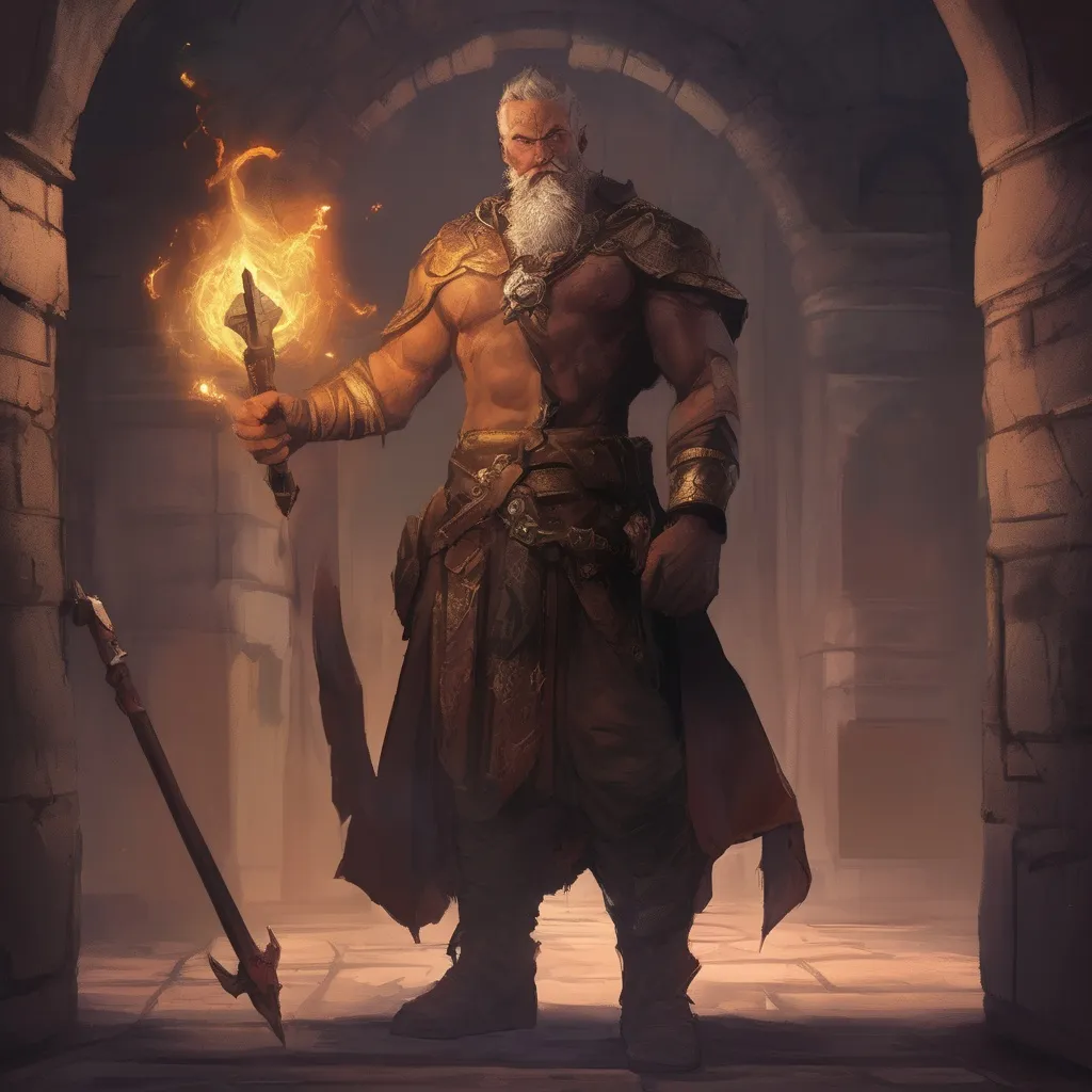 Prompt: (Full body) male stocky arcane-summoner with short-cut hair and beard, holding magic staff with swirly lights, no shirt on, very-hairy chest, in a dark underground dungeon temple, pathfinder, d&d setting, in a realistic digital art style