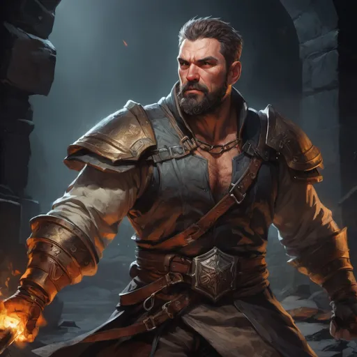 Prompt: Male stocky large mature fighter with short-cut hair and beard, engaged in combat inside of a dark dungeon, pathfinder, d&d setting, in a realistic high quality digital art style, enhanced shadow quality, colorful