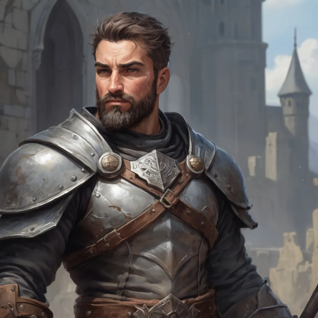Prompt: Male heavy-set mature fit muscular large crusader with short-cut hair and beard, in a windy castleground, pathfinder, d&d setting, enhanced shadow quality