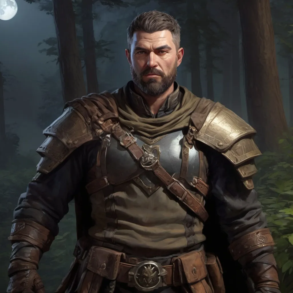 Prompt: Male stocky heavy-set mature fantasy-ranger with short-cut hair and beard, outside of fantasy forest at night, pathfinder, d&d setting, in a realistic high quality digital art style, enhanced shadow quality