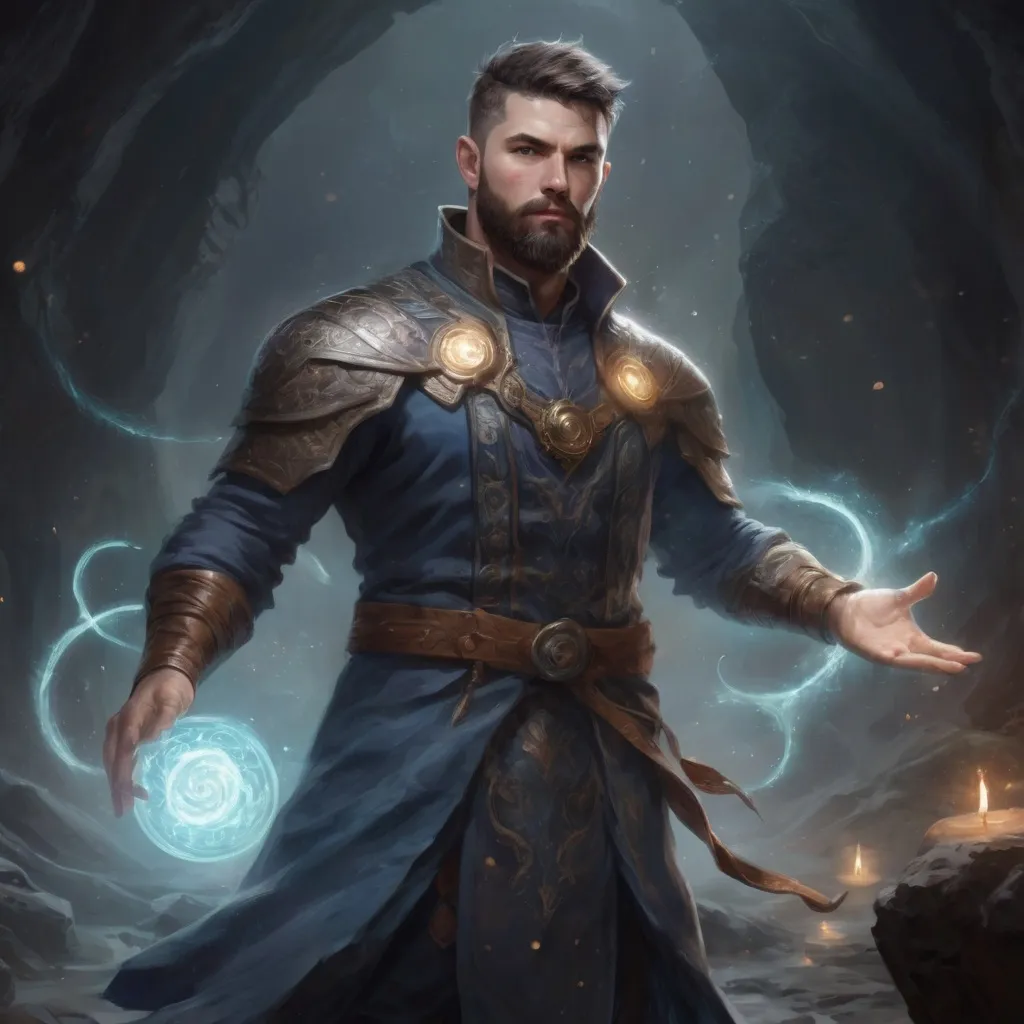 Prompt: (Full body) male stocky young muscular cleric with short-cut hair and a beard, casting a swirly astral-spell, in a dark cave, pathfinder, d&d setting