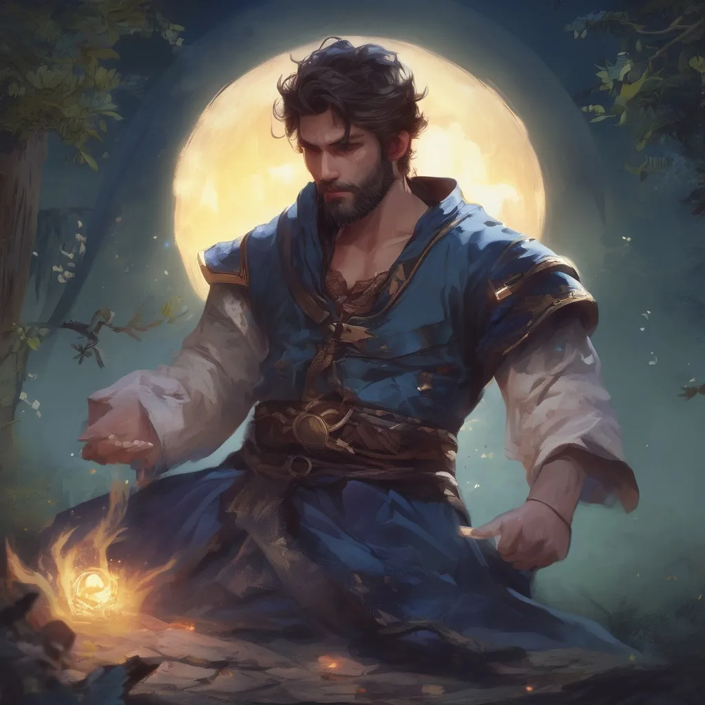 Prompt: (Full body) male muscular summoner with short hair and beard, in nature at night, casting a spell, pathfinder, d&d setting, in a realistic digital art style