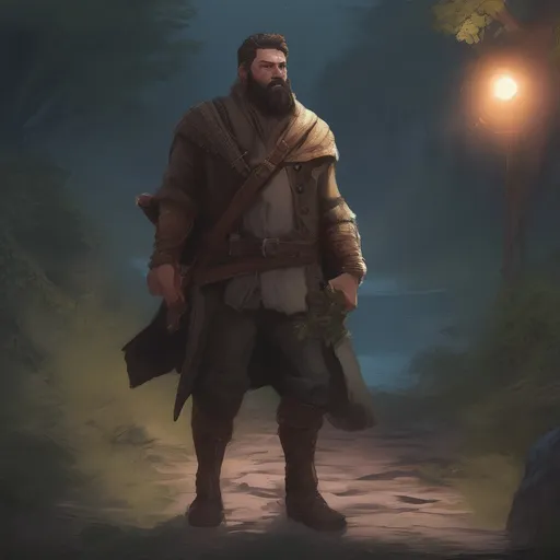 Prompt: (Full body) male stocky big-chested bandit with short hair and beard, in nature at night, pathfinder, d&d setting, in a realistic digital art style