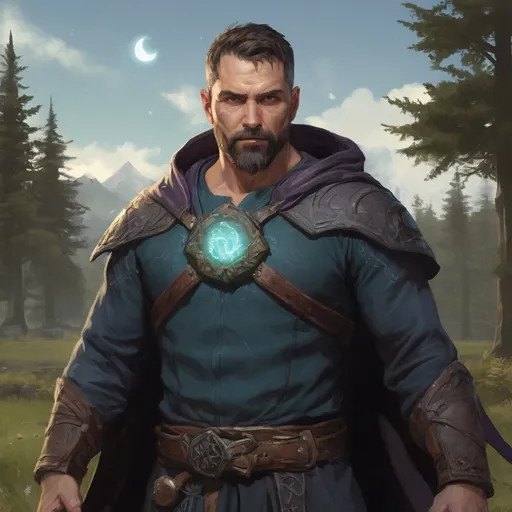 Prompt: (head and torso) Male stocky fit muscular 40-year old handsome druid with short-cut hair and beard, holding magic-spell, on a field outside of a forest at night, pathfinder, d&d setting, enhanced shadow quality