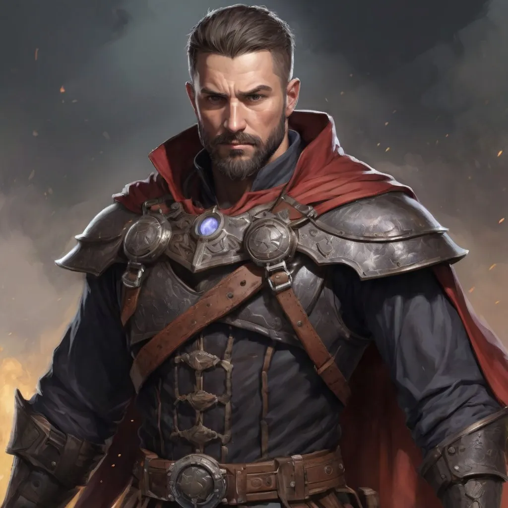 Prompt: (head and torso) Male heavy-set fit 30-year old hunky sorcerer with short-cut hair and beard, holding magic-spell, on a windy battlefield, pathfinder, d&d setting, enhanced shadow quality