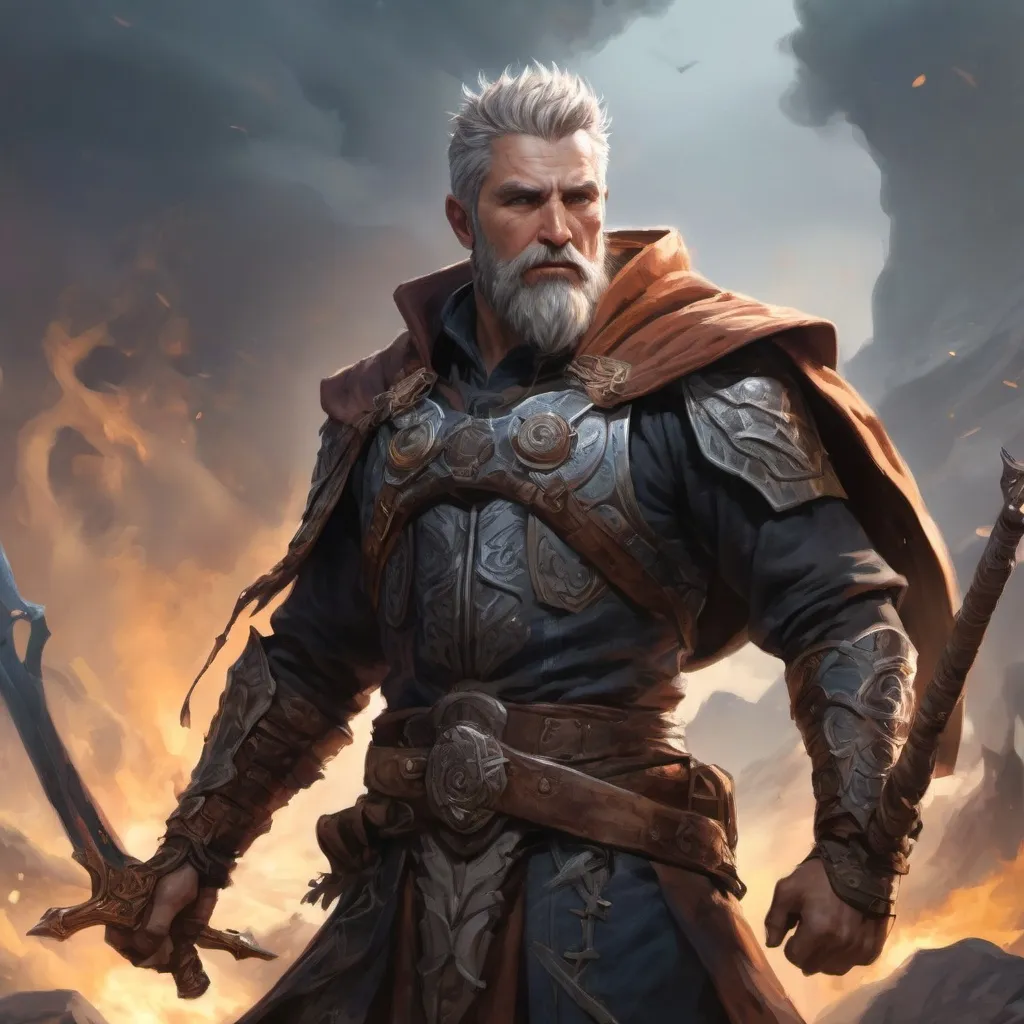 Prompt: (torso) Male heavy-set mature fit magical druid with short-cut hair and beard, holding fantasy-weapon, in movement, in a windy battlefield, pathfinder, d&d setting, enhanced shadow quality