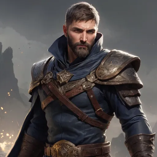 Prompt: (head and torso) Male heavy-set fit 30-year old hunky sorcerer with short-cut hair and beard, holding magic-spell, on a windy battlefield, pathfinder, d&d setting, enhanced shadow quality