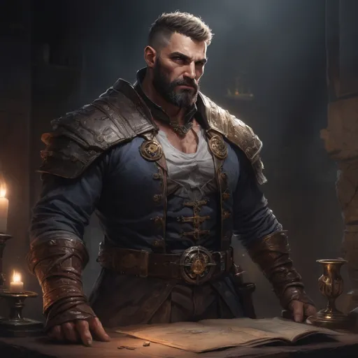 Prompt: Male stocky large muscular royal alchemist with short-cut hair and beard, exploring a dark laboratory, pathfinder, d&d setting, realistic, enhanced shadow quality
