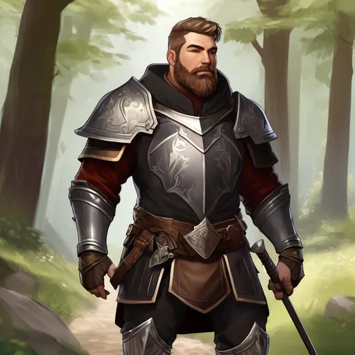 Prompt: (Full body) male stocky paladin with short hair and beard, hairy-chest, in a black forest path, pathfinder, d&d setting, in a realistic digital art style