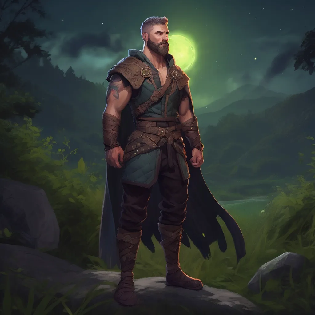 Prompt: (Full body) male muscular magus with short hair and beard, in nature at night, pathfinder, d&d setting, in a realistic digital art style