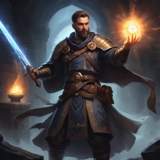 Prompt: Male stocky large mature cleric with short-cut hair and beard, engaged in combat casting a prismatic-light spell inside of a dark dungeon, pathfinder, d&d setting, in a realistic high quality digital art style, enhanced shadow quality, colorful