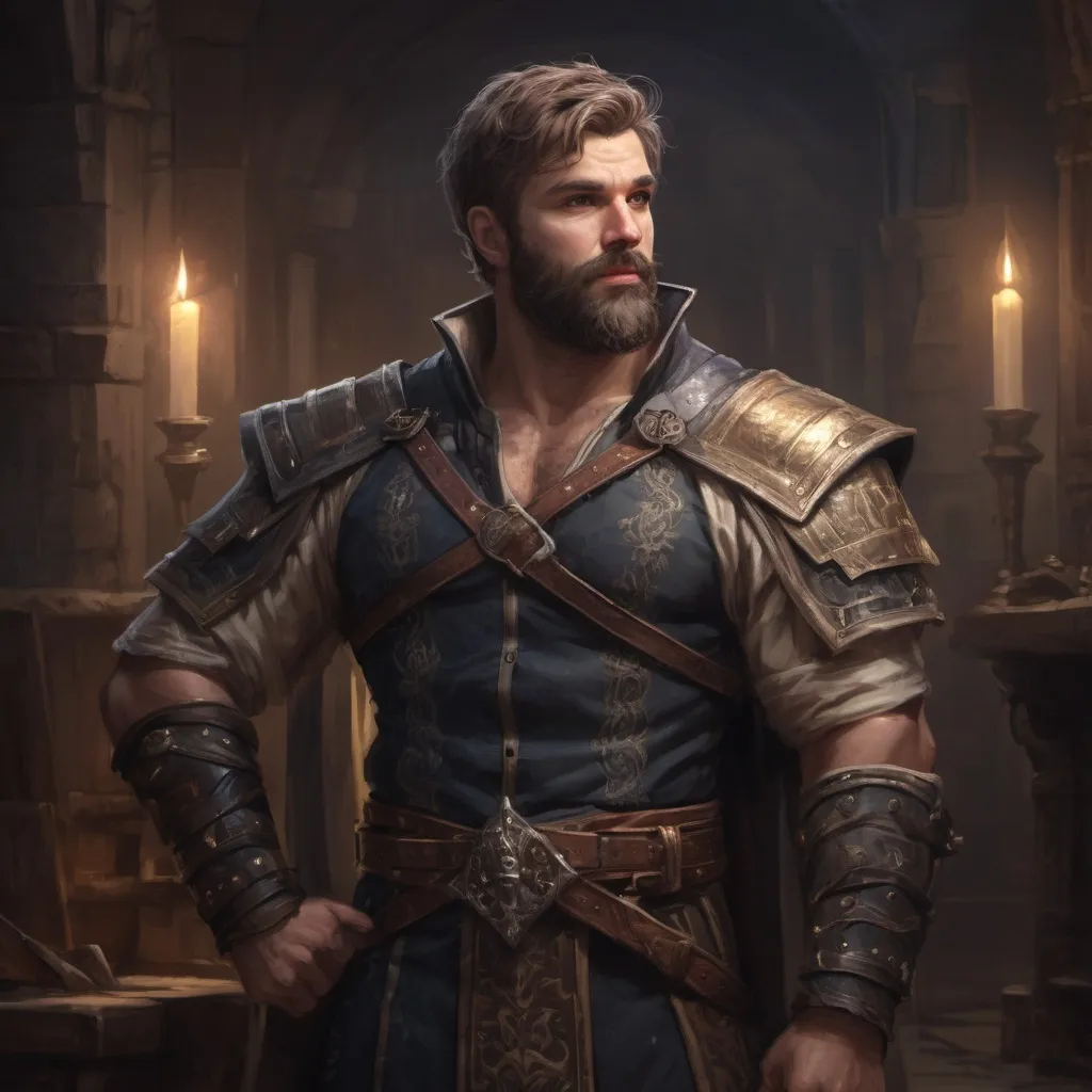 Prompt: (Full body) male stocky masculine manly hunky royal bard with short hair and beard, hairy chest, in a dark throne room, pathfinder, d&d setting, in a realistic high quality digital art style