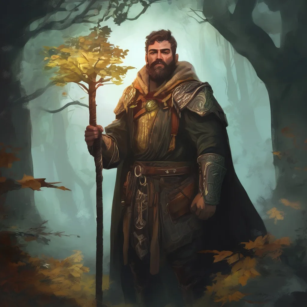 Prompt: (Full body) male stocky druid with short-cut hair and beard, holding magical tree staff, in a forest at night, leaf-shoulderguards, cloak, heavy belt, pathfinder, d&d setting, in a realistic digital art style