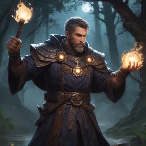 Prompt: Male stocky heavy-set mature summoner with short-cut hair and beard, magical glowing robes, casting a spell in combat, in nature at night, pathfinder, d&d setting, in a realistic high quality digital art style, enhanced shadow quality