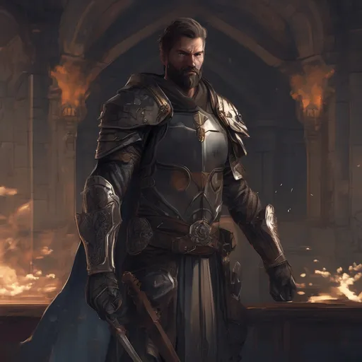 Prompt: (Full body) male large handsome holy magic paladin with short hair and beard, in a dark castle room, d&d setting, in a realistic digital art style