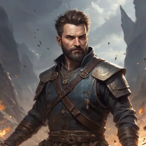 Prompt: Male heavy-set mature fit bard with short-cut hair and beard, holding fantasy-weapon , in a windy battlefield, pathfinder, d&d setting, enhanced shadow quality