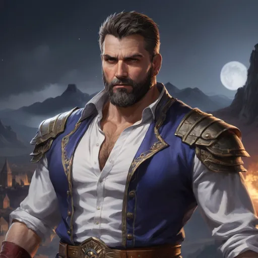 Prompt: male stocky heavy-set royal argentinian transmuter-magus with short-cut hair and beard, open shirt hairy chest, casting bright spell, in valley at night, pathfinder, d&d setting, realistic high quality, enhanced shadow quality