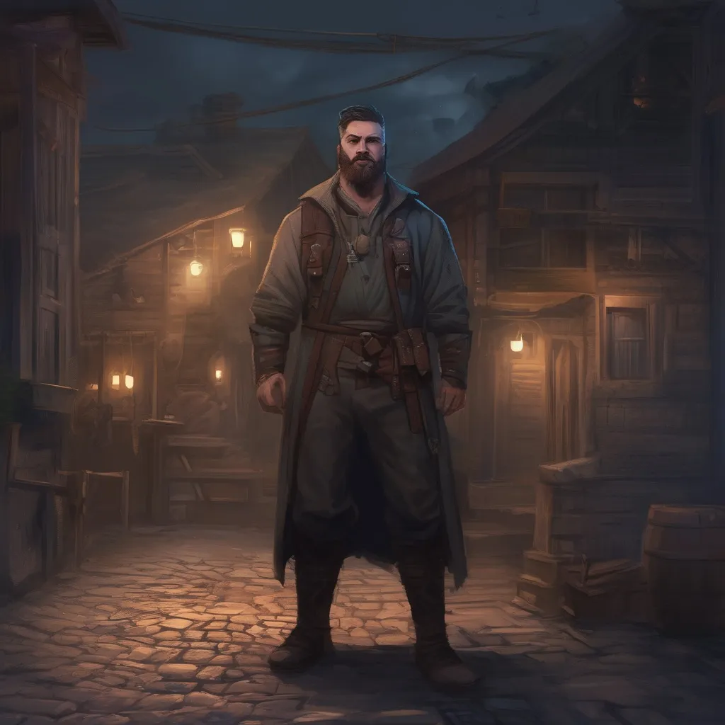 Prompt: (Full body) male manly stocky rogue with dark short-cut hair and beard, in small village at night, pathfinder, d&d setting, in a realistic digital art style