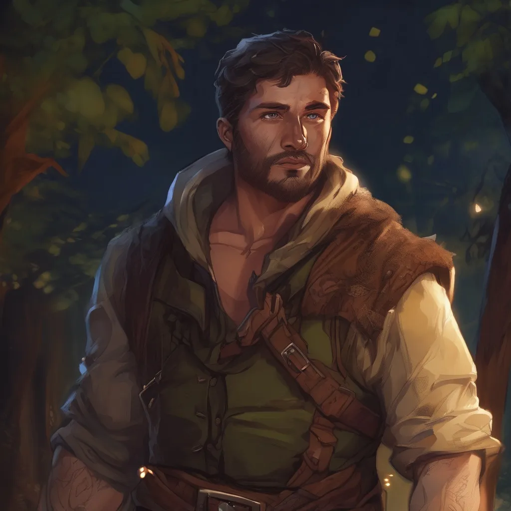 Prompt: (Full body) A male stocky hunky fantasy-thief with short-cut hair and beard, in a nature at night, pathfinder, d&d setting, in a realistic high quality digital art style