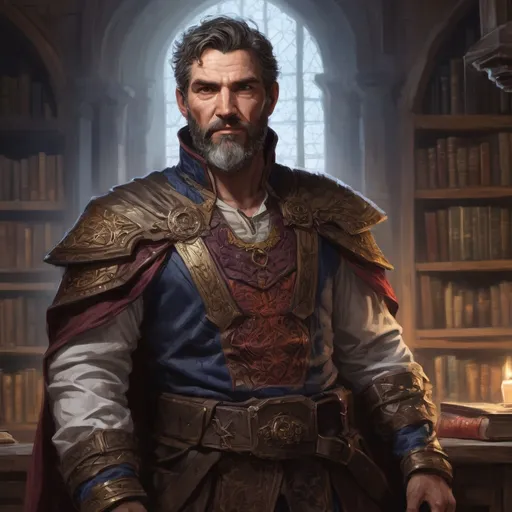 Prompt: (torso) Male stocky mature noble mage, with short hair and beard, open shirt, hairy chest, in a dark library in a castle, pathfinder, d&d setting, in a realistic high quality digital art style, enhanced shadow quality, colorful