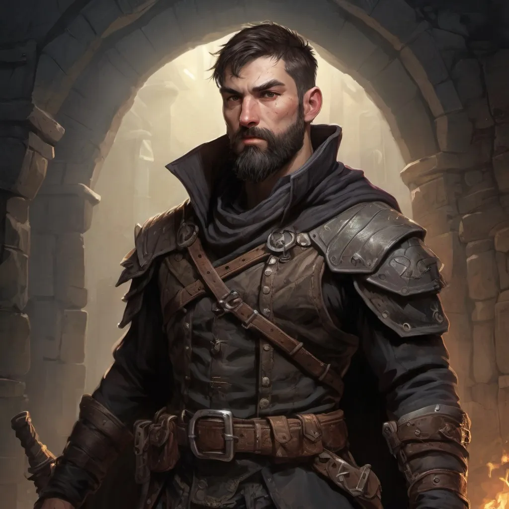 Prompt: Male stocky large beefy rogue with short-cut hair and beard, exploring a dungeon, pathfinder, d&d setting, realistic, enhanced shadow quality