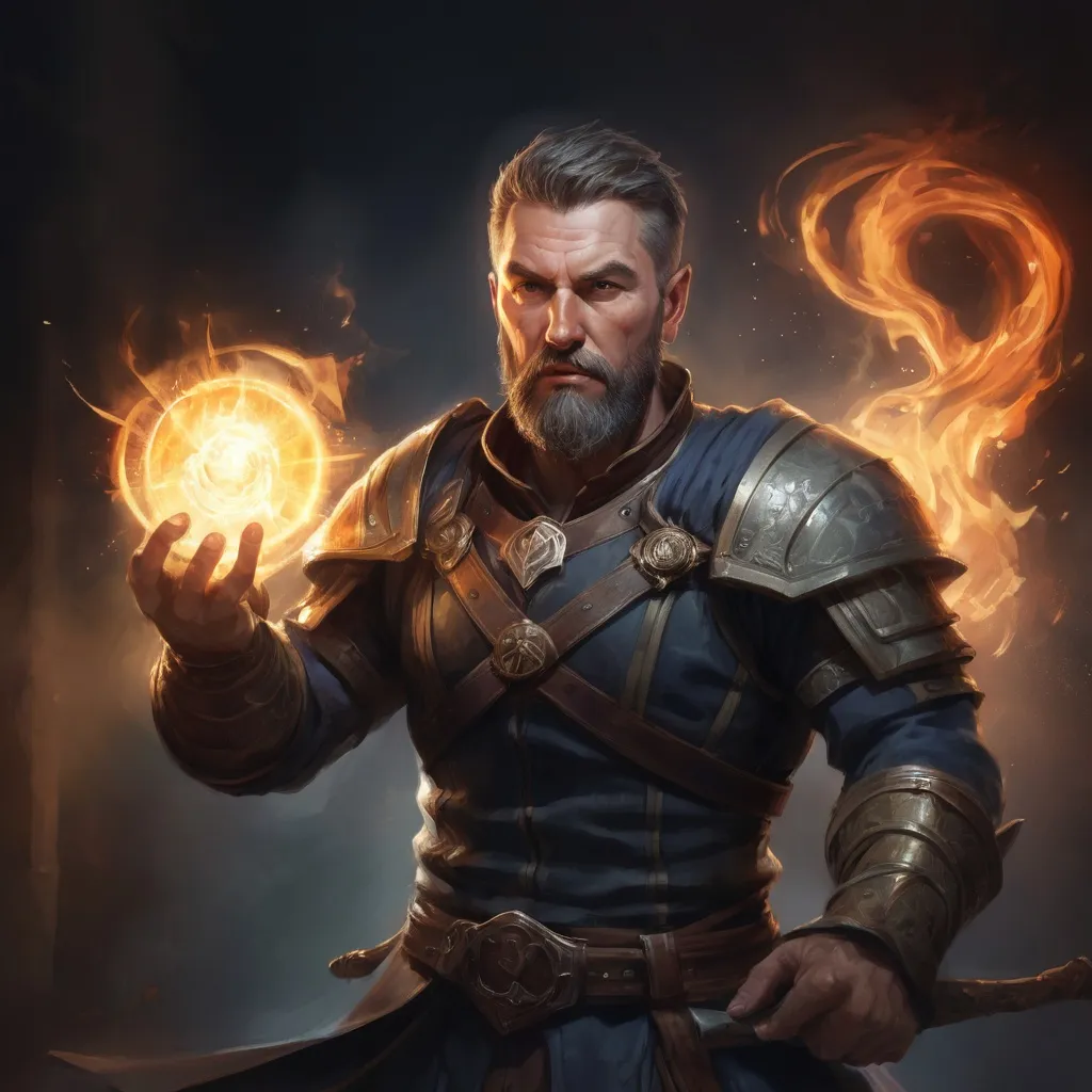 Prompt: Male stocky large mature fit battle-mage with short-cut hair and beard, engaged in combat casting a light spell in a dark room, pathfinder, d&d setting, realistic, enhanced shadow quality