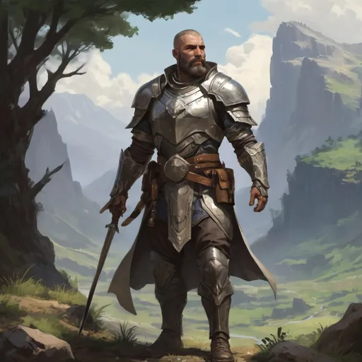 Prompt: Male heavy-set mature holy-paladin with short-cut hair and beard, in a windy valley, pathfinder, d&d setting, enhanced shadow quality