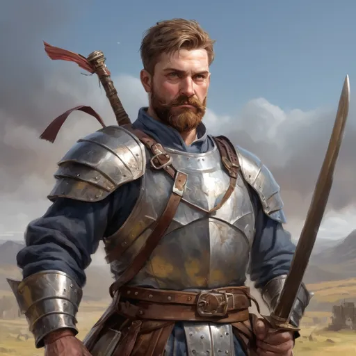 Prompt: Male heavy-set mature fit large scottish Pikeman with short-cut hair and beard, holding fantasy-weapon , in a windy battlefield, pathfinder, d&d setting, enhanced shadow quality