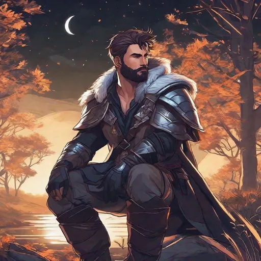 Prompt: A male fighter looks like with short-cut hair and beard, in nature at night, boots, pathfinder, in a detailed realistic digital art style