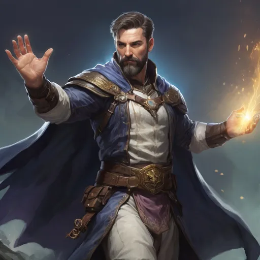 Prompt: (torso) Male stocky large fit 37-year old time-magus with short-cut hair and beard, casting a magic-ray out of hands in a windy path, pathfinder, d&d setting, in a realistic high quality digital art style, enhanced shadow quality
